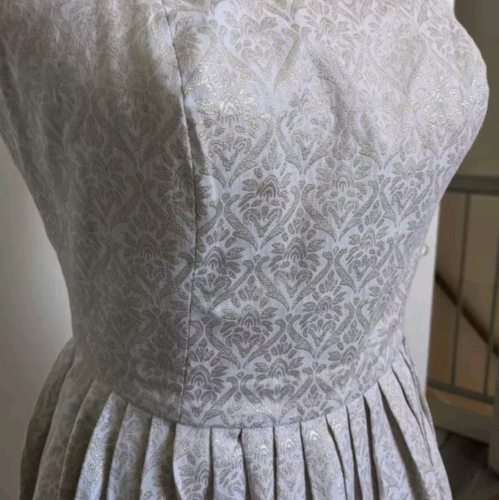 European Fancy Strapless White and Gold A Line Dress with Pleats, Size 2